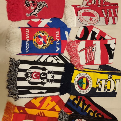 Football scarves from Kolonia, Krakow, Wisla Krakow, Sparta Prague, Slavia Prague, Fenerbahce, Galatasaray, Besiktas