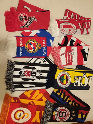 Football scarves from Kolonia, Krakow, Wisla Krakow, Sparta Prague, Slavia Prague, Fenerbahce, Galatasaray, Besiktas