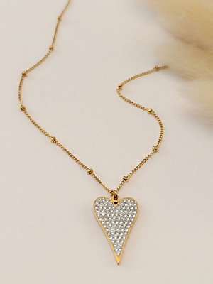 Steel necklace with heart of rhinestones new, white and gold
