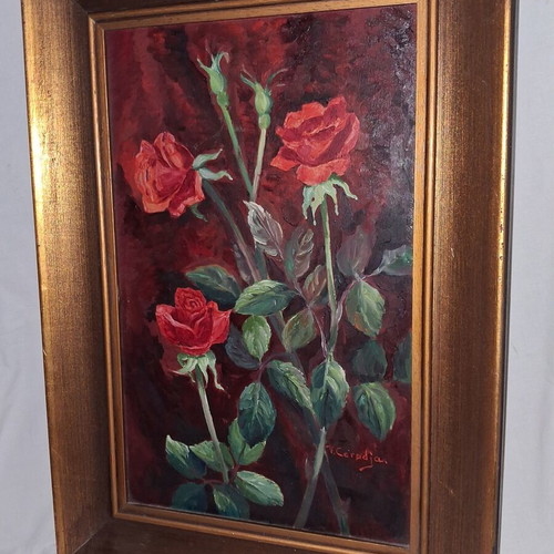 Victoria Caradja Signed Oil Painting on Wood Roses