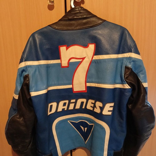 Dainese leather motorcycle jacket used with elbow protectors and zipper