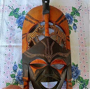 African Wood Carved Mask Hand Painted Ceremonial Tribal Tiki Decor Wall Hanging 34cm ύψος 19cm μήκος