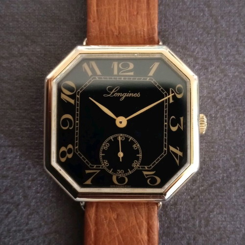 Vintage Longines Octagon watch from the 1970s like new, gold and black