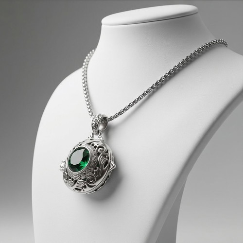 Steel Necklace with Opening Pendant Charm and Green Emerald Stone new