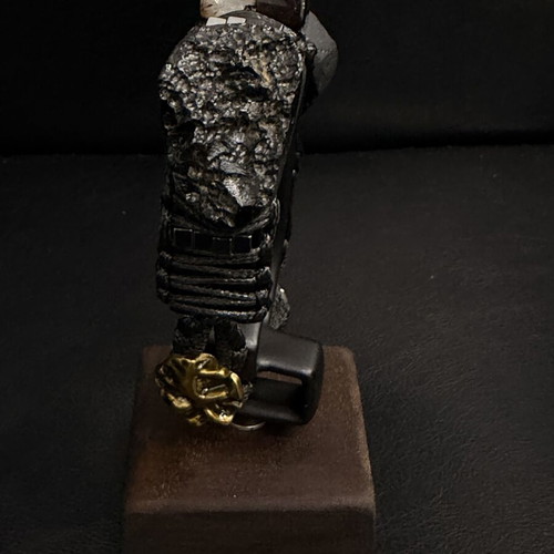 Men's Black Leather Bracelet with Meteorite and Natural Black Agate, New