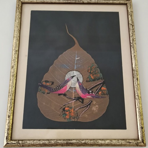 Handmade paintings on dried Peepal leaves set of 4, used