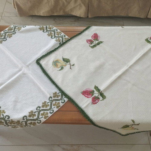 Set of 2 Handmade Embroidered Table Linens like new, traditional cross-stitch