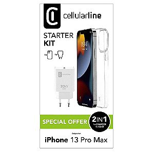 Cellular Line iPhone 13 Pro Max Starter Kit Transparent Θήκη Κινητού + 20W ταχυφορτιστής ταξιδίου
