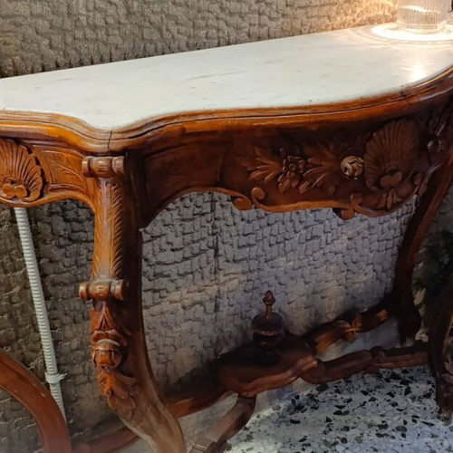 Classic carved wooden console with white marble, like new