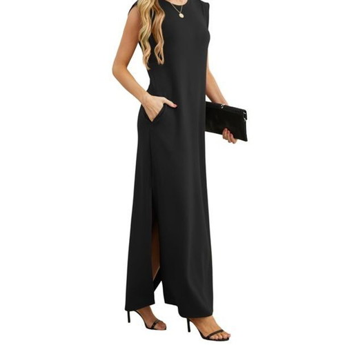 GRECERELLE women's long summer dress with pockets and slit, black, size L