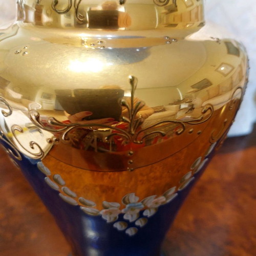 Large Bohemia vase used 44×17 cm with hand painting and 24k gold from 1950