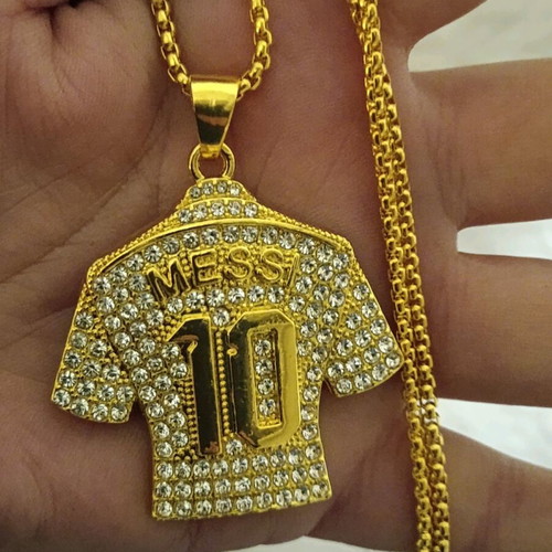 Messi Jersey Necklace Cuban Chain Gold Plated Unisex with Strass