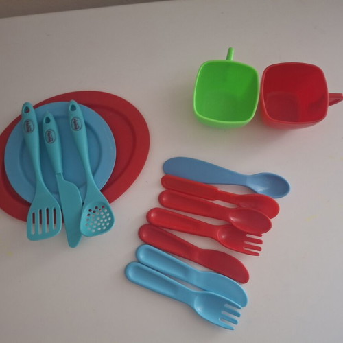 Toy Kitchen Set like new with tea set luggage and utensils