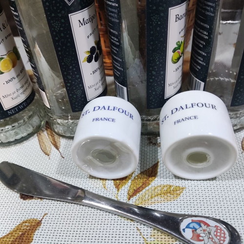 St. Dalfour empty jam jars gift basket with vintage butter knife and porcelain salt and pepper set