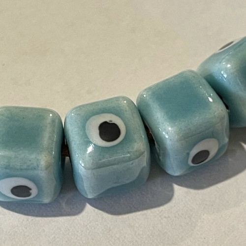 Enamelled ceramic cube-shaped evil eye beads, new, turquoise