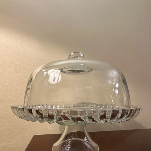 Glass cake stand with lid like new, 30cm diameter