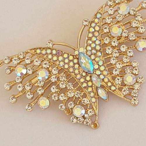 Vintage 70ies butterfly pin with sparkling zircon stones like new, gold color