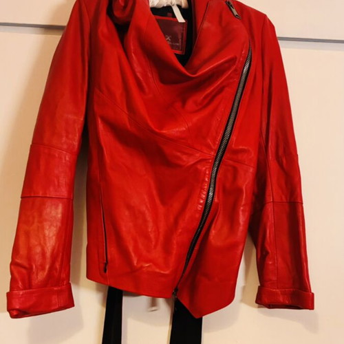 Leather asymmetric women's jacket like new, red and black, size L