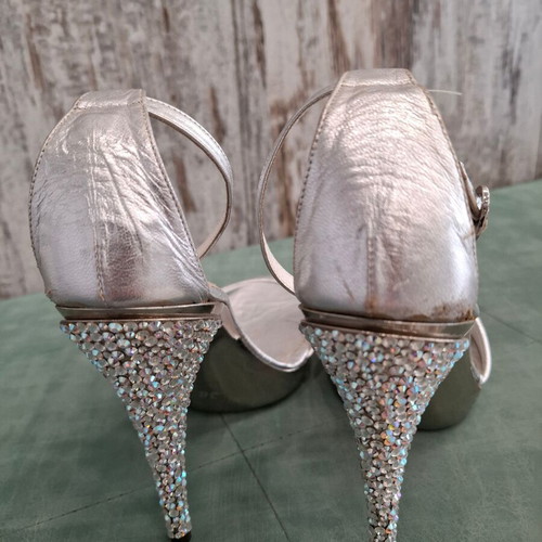 Silver sandals with multicolor rhinestones on heel new, size 38