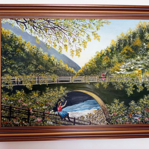 Original oil painting landscape with bridge by Chrysoula Bala, like new