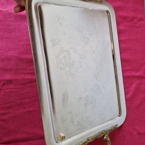 Metal tray with brass handles used, vintage style