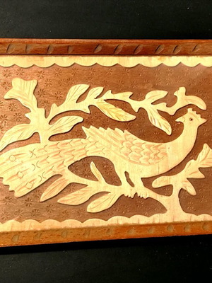 Vintage handmade wooden tray like new with bird design
