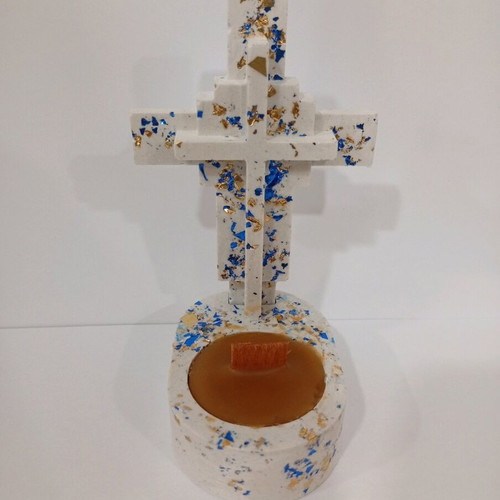 Handmade porcelain cross candle holder with pure beeswax and decorative leaves