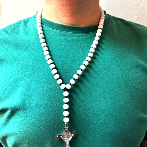 Necklace rosary new, metal medallion and faceted glass beads