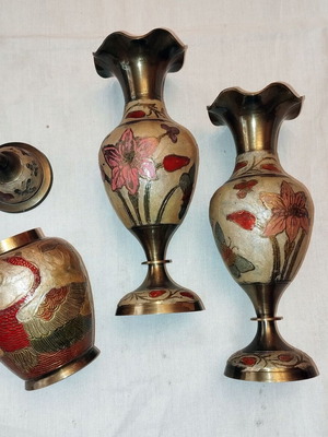 Indian brass handmade cloisonne vases like new, set of 3