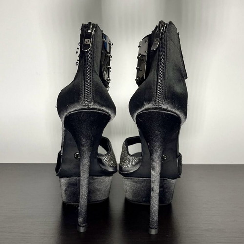 Roberta Frac black platform stiletto sandals with rhinestone ankle cuff, EU 38