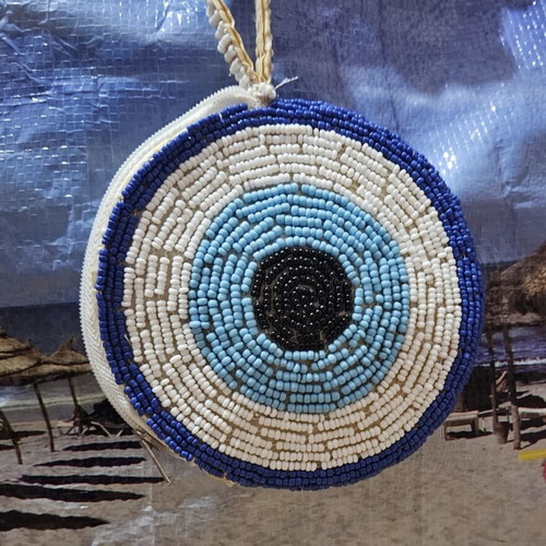 Handmade wallet with zipper, beads and eye design