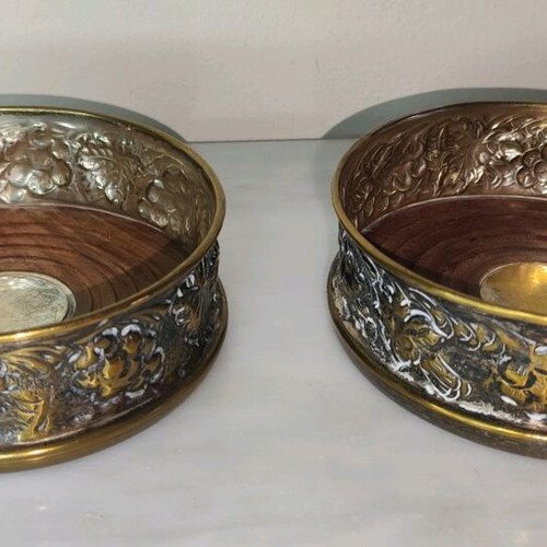 Wine Coasters used, silver metal with wooden base, repoussé grape motif