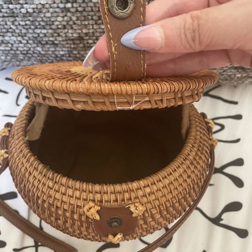 Round Bamboo Rattan Bag with Long Brown Strap