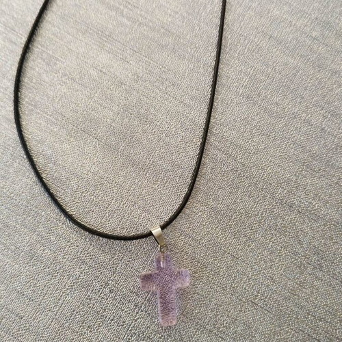 Glass cross necklace pink with short cord new