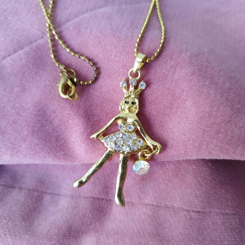 Pendant necklace gold with ballerina and white crystals and hanging stone