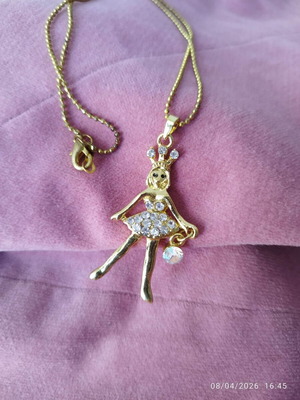 Pendant necklace gold with ballerina and white crystals and hanging stone
