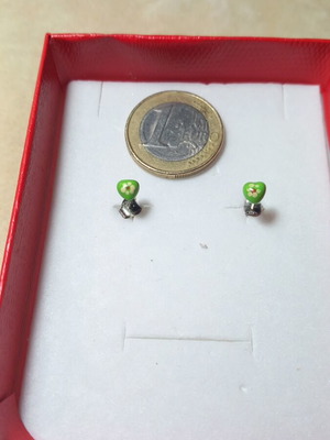 Silver 925° heart earrings with green enamel and painted flowers new