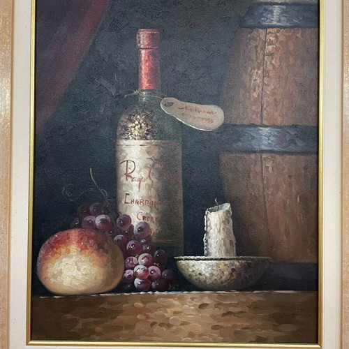 Oil painting used with wine bottle theme in frame