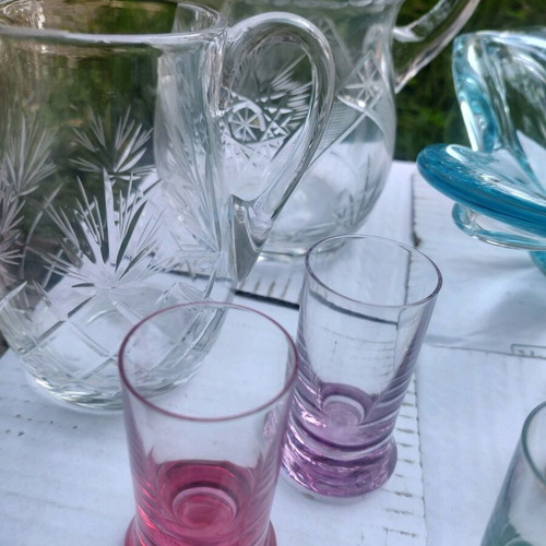 Handmade crystal set like new with 6 colored glasses and 2 pitchers