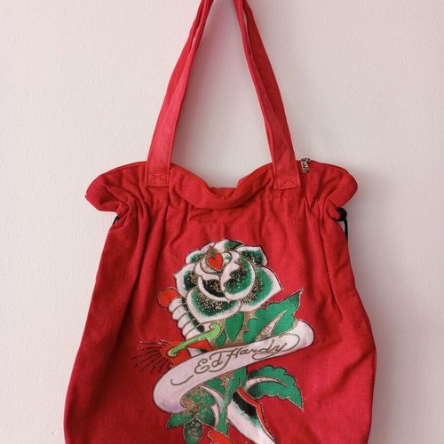 Red Ed Hardy Y2K Style Tattoo Canvas Shoulder Bag