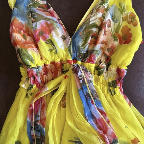 Bright Yellow Tropical Floral Chiffon Mini Dress very good condition