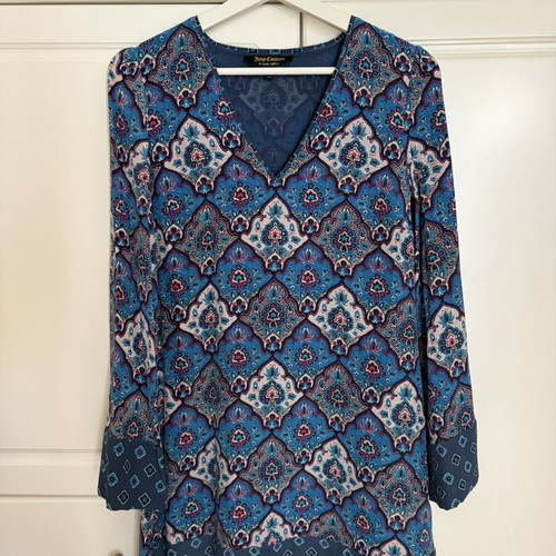 Juicy Couture silk mini dress used, size US 2, blue multicolor