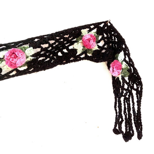 Handmade black scarf with embossed roses new