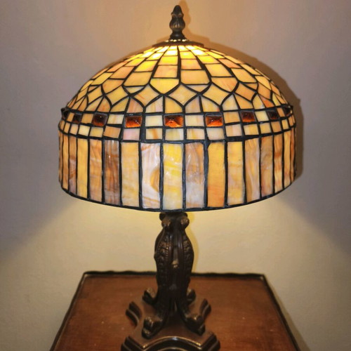 Vintage Tiffany-style table lamp with stained glass shade
