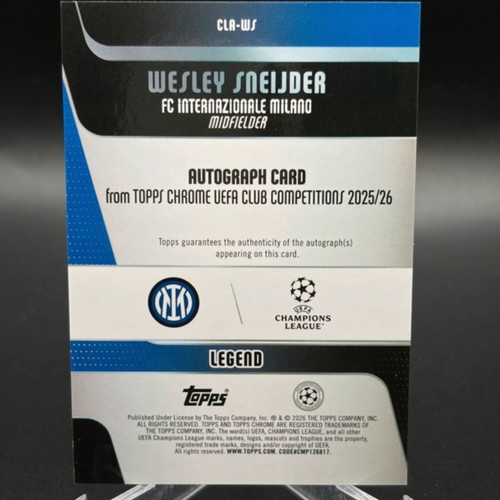 Topps Chrome Wesley Sneijder Inter Milan Auto Autograph Purple Refractor Numbered 63/75 Legend like new