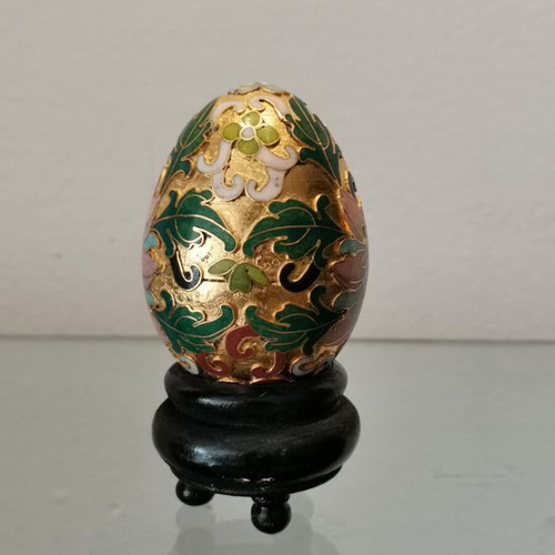 Cloisonne egg vintage used with floral motifs and wooden base
