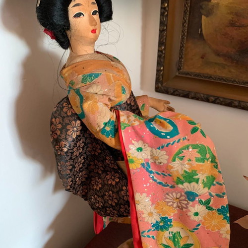 Japanese Geisha Doll used, 1960s with handmade clothes on wooden base