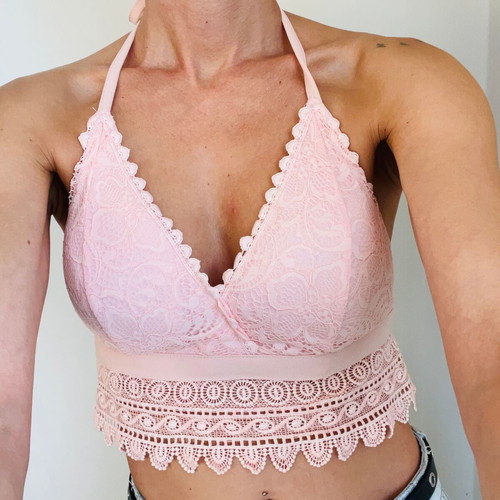 Boho Pink Lace Crop Top Halter Neck Backless Like New