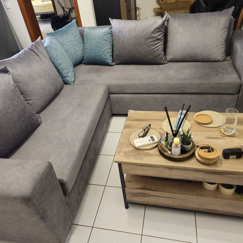 Corner sofa 2.20 x 2.20 m, grey with petrol cushions