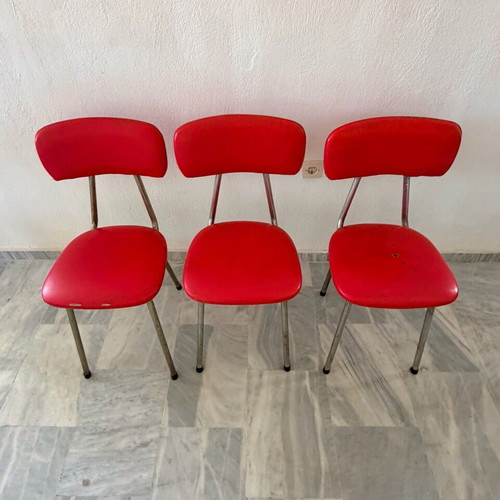 Vintage retro chairs set of 3 with red leather seats refurbished